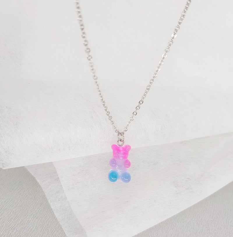 RUIZHEN Mix Multi-color Resin Gummy Bear Pendant Necklace Stainless Steel Chain(rose red) - Image 3